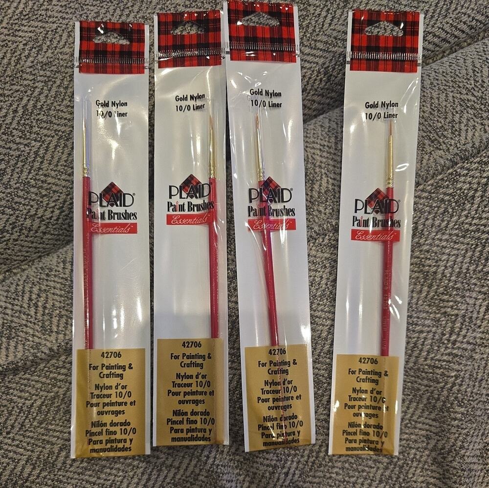 NOS 4 Packs Plaid Essentials Paint Brushes 10/0 Liner #42706 Gold Nylon Crafts